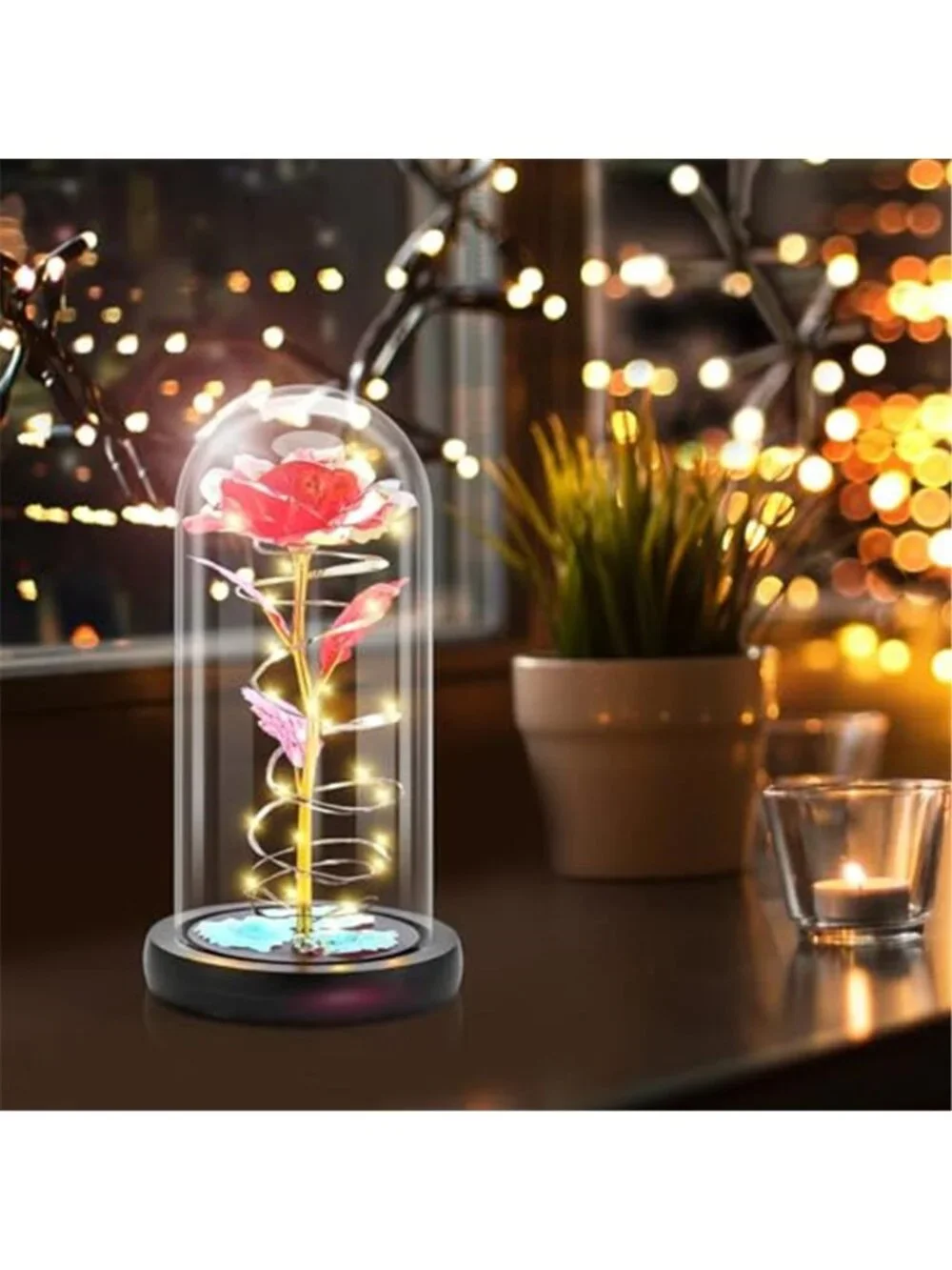 Forever Rose in Glass Dome LED Light Preserved Flower Romantic Gift Decor